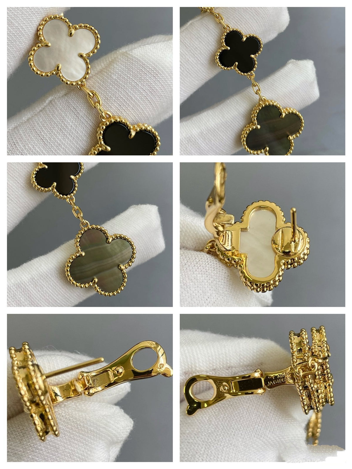 [Renovia Jewelry]CLOVER 3 MOTIF MOP ONYX DARK MOP PINK GOLD EARRINGS