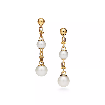 [Resenara Jewelry]TRIPLE DROP LINK EARRINGS GOLD WITH FRESHWATER PEARLS