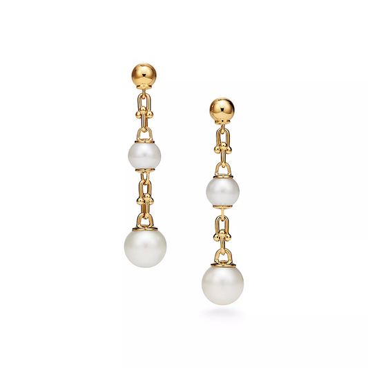 [Resenara Jewelry]TRIPLE DROP LINK EARRINGS GOLD WITH FRESHWATER PEARLS