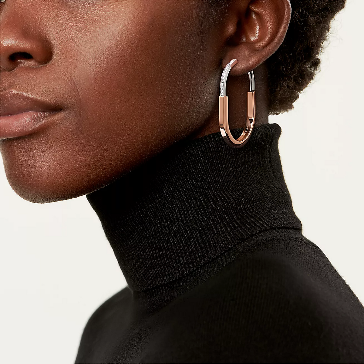 [Resenara Jewelry]LOCK EARRINGS ROSE AND WHITE GOLD DIAMONDS EXTRA LARGE