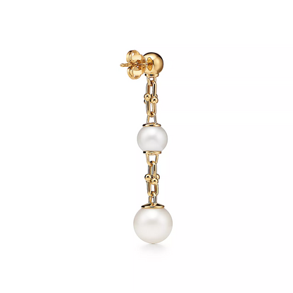 [Resenara Jewelry]TRIPLE DROP LINK EARRINGS GOLD WITH FRESHWATER PEARLS