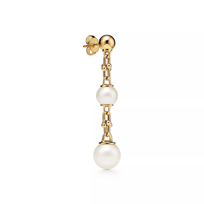 [Resenara Jewelry]TRIPLE DROP LINK EARRINGS GOLD WITH FRESHWATER PEARLS