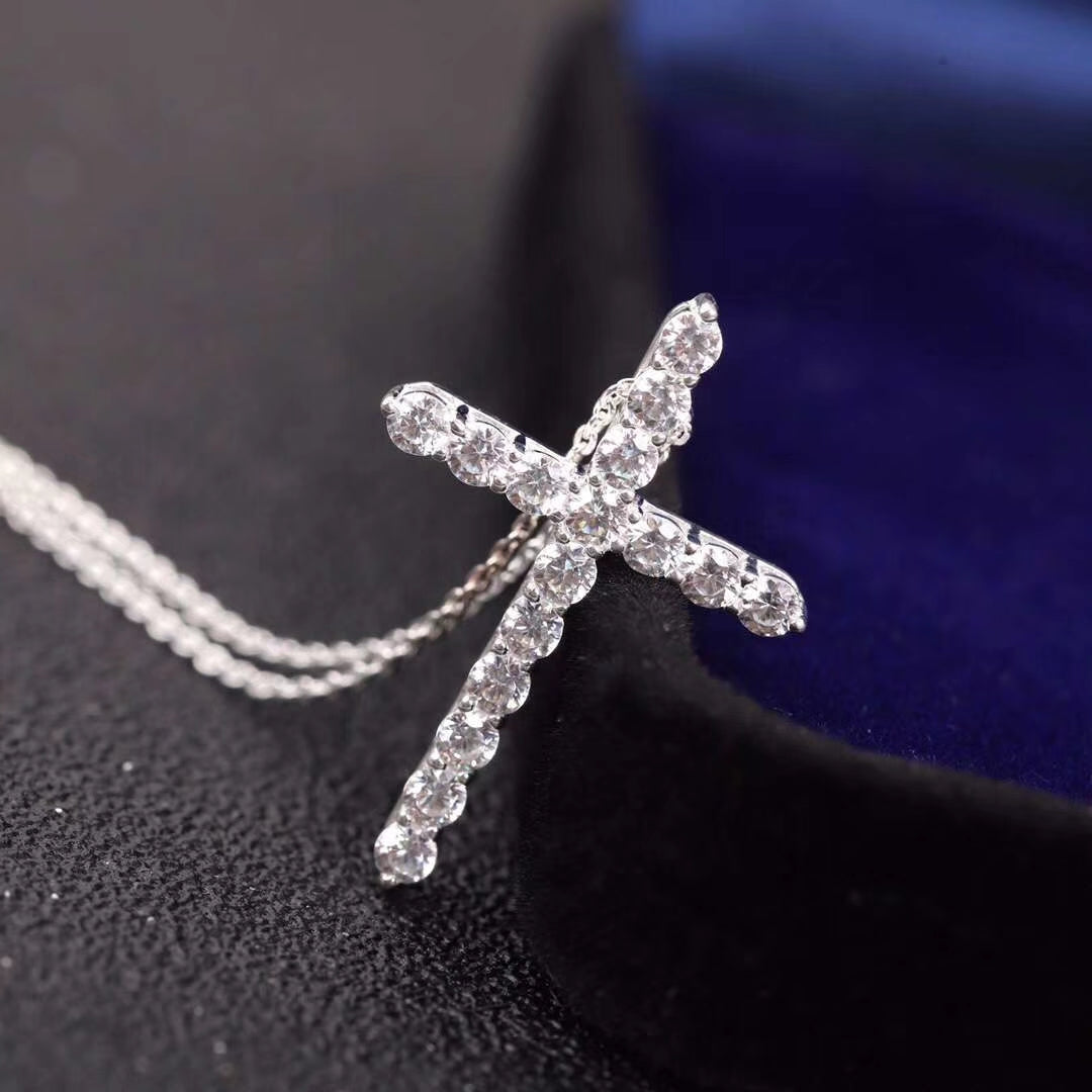 [Resenara Jewelry]MOISSANITE STONE CROSS PENDANT NECKLACE SIMULATED DIAMOND CROSS CHOKER